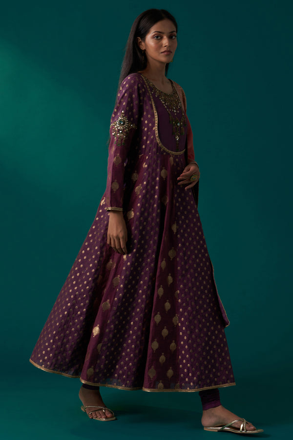 Purple Zari Embroidered Chanderi Jacquard Anarkali Kurta with Churidar and Dupatta Set