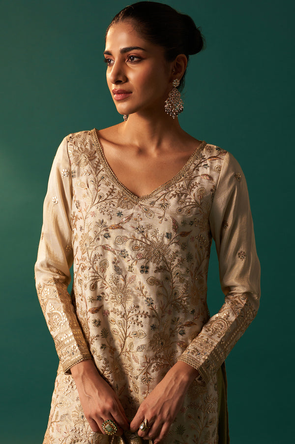 White Zari Embroidered Tissue Straight Kurta with Sharara and Dupatta Set