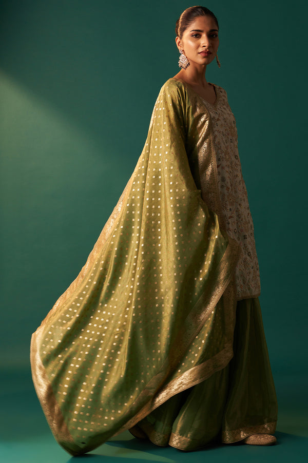 White Zari Embroidered Tissue Straight Kurta with Sharara and Dupatta Set