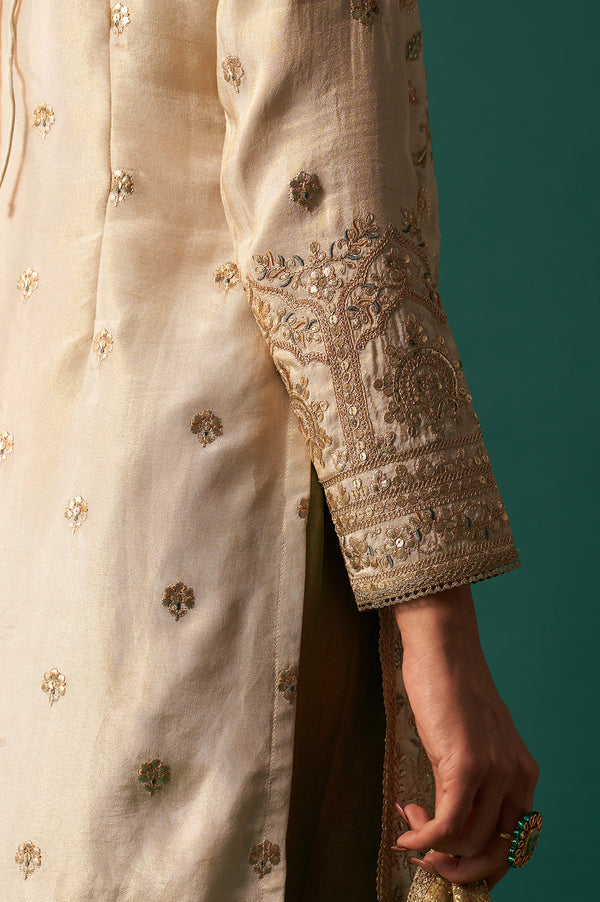 White Zari Embroidered Tissue Straight Kurta with Sharara and Dupatta Set