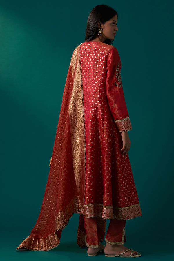 Red Embroidered Tissue Jacquard Angarkha Kurta with Pant and Dupatta Set