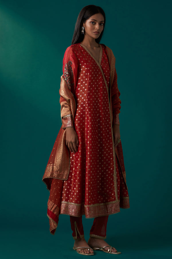 Red Embroidered Tissue Jacquard Angarkha Kurta with Pant and Dupatta Set