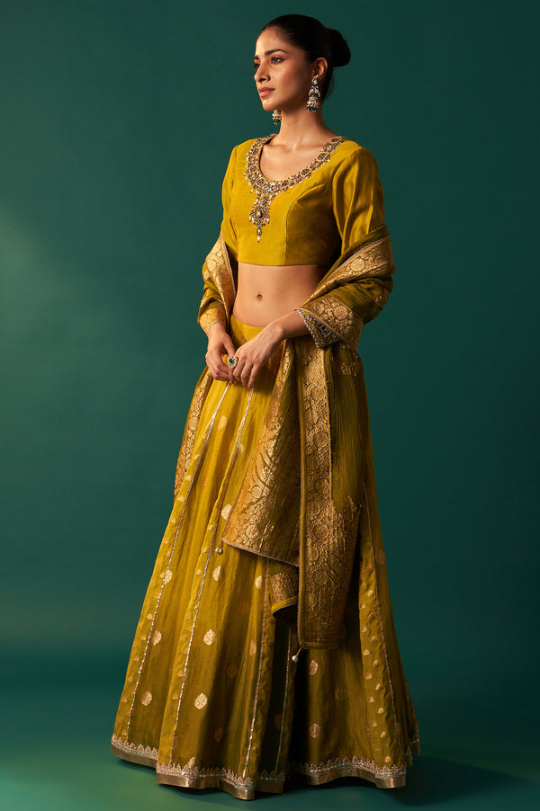 Green Embroidered Flared Cotton Blouse with Skirt and Dupatta Set