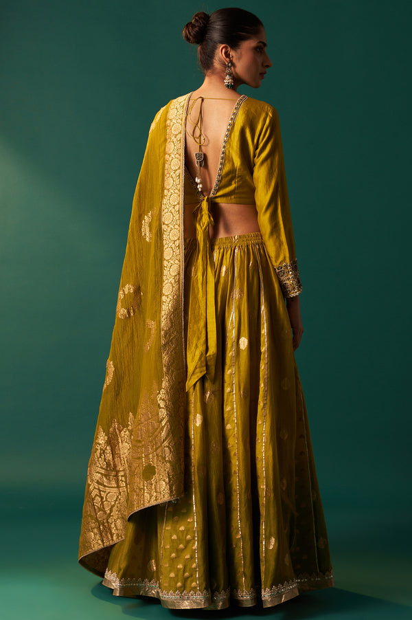 Green Embroidered Flared Cotton Blouse with Skirt and Dupatta Set