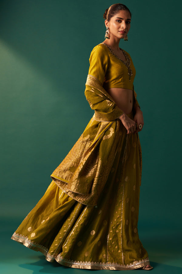 Green Embroidered Flared Cotton Blouse with Skirt and Dupatta Set