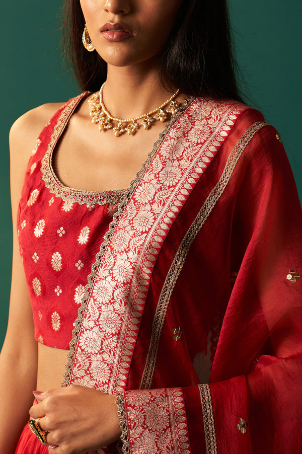 Red Zari Embroidered Jacquard Blouse with Flared Skirt and Dupatta Set