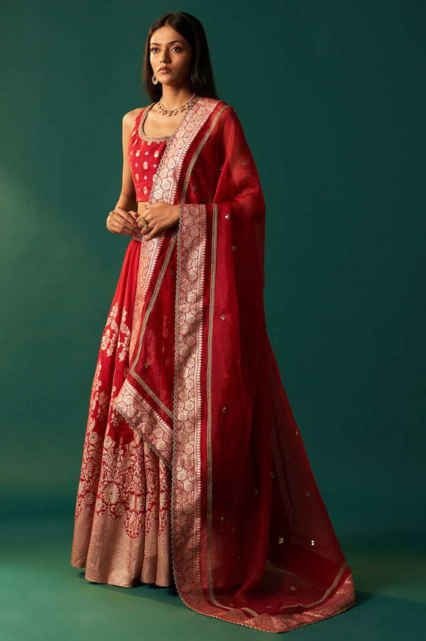 Red Zari Embroidered Jacquard Blouse with Flared Skirt and Dupatta Set