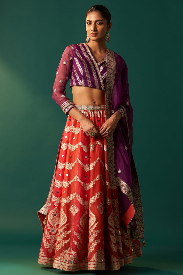 Purple Zari Embroidered Jacquard Blouse with Flared Skirt and Dupatta Set