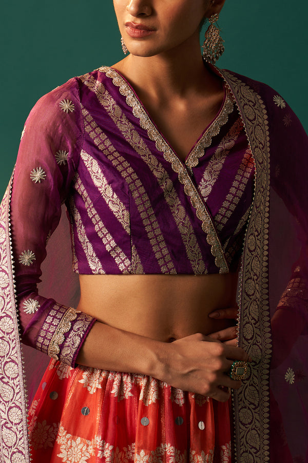 Purple Zari Embroidered Jacquard Blouse with Flared Skirt and Dupatta Set