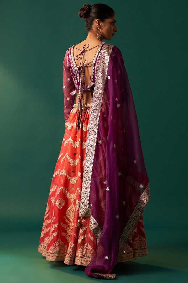 Purple Zari Embroidered Jacquard Blouse with Flared Skirt and Dupatta Set