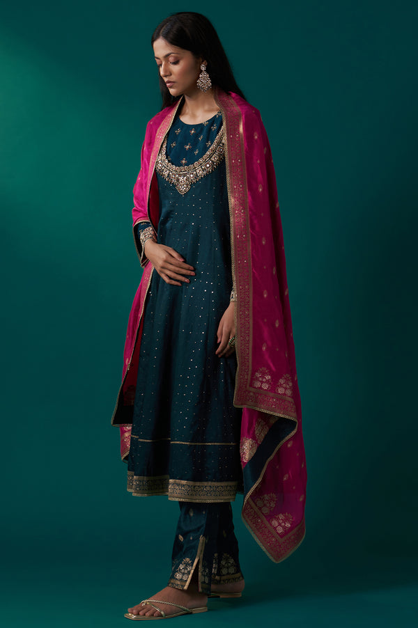 Teal Green Heavy Embroidered Sequined Anarkali Kurta with Straight Pant and Dupatta Set