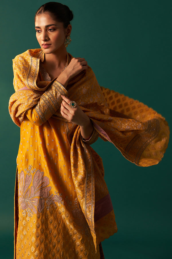 Yellow Embroidered Jacquard Straight Festive Kurta with Culotte and Dupatta Set