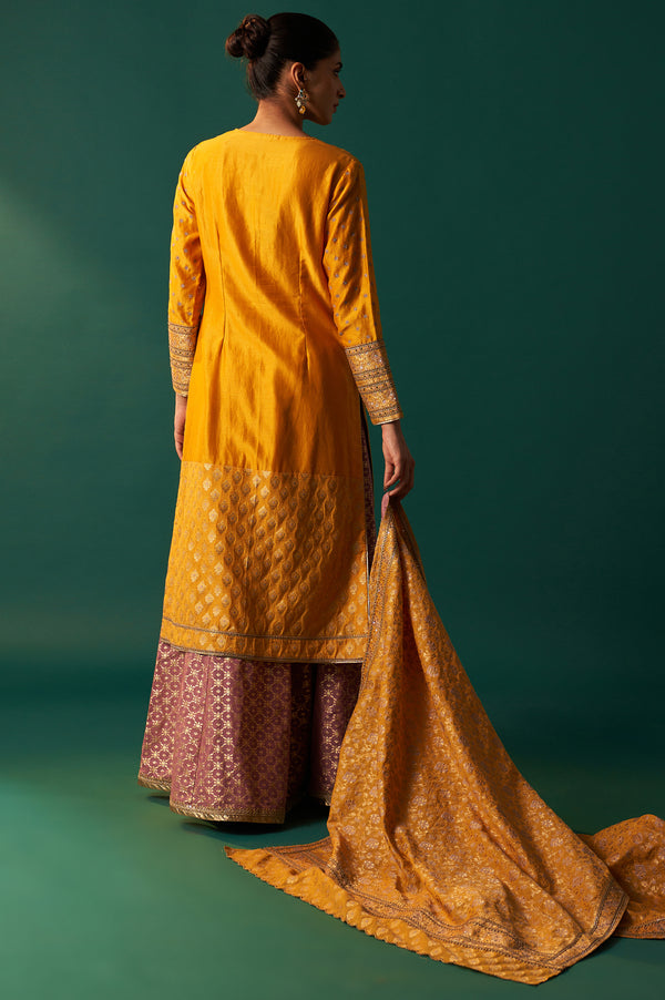 Yellow Embroidered Jacquard Straight Festive Kurta with Culotte and Dupatta Set