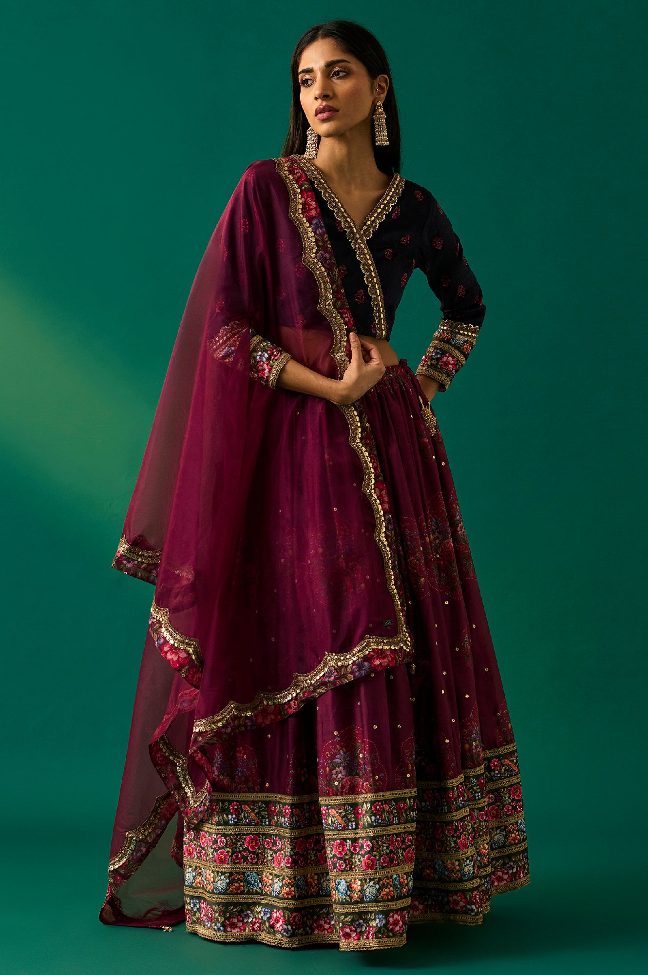 Purple Floral Embroidered Winter Velvet Blouse with Skirt and Dupatta Set