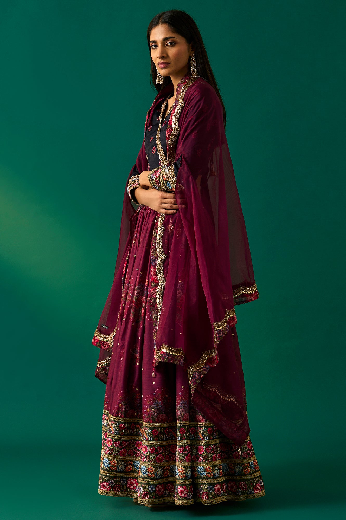 Purple Floral Embroidered Winter Velvet Blouse with Skirt and Dupatta Set