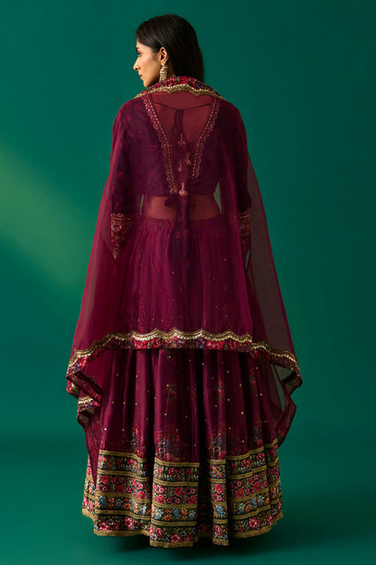 Purple Floral Embroidered Winter Velvet Blouse with Skirt and Dupatta Set