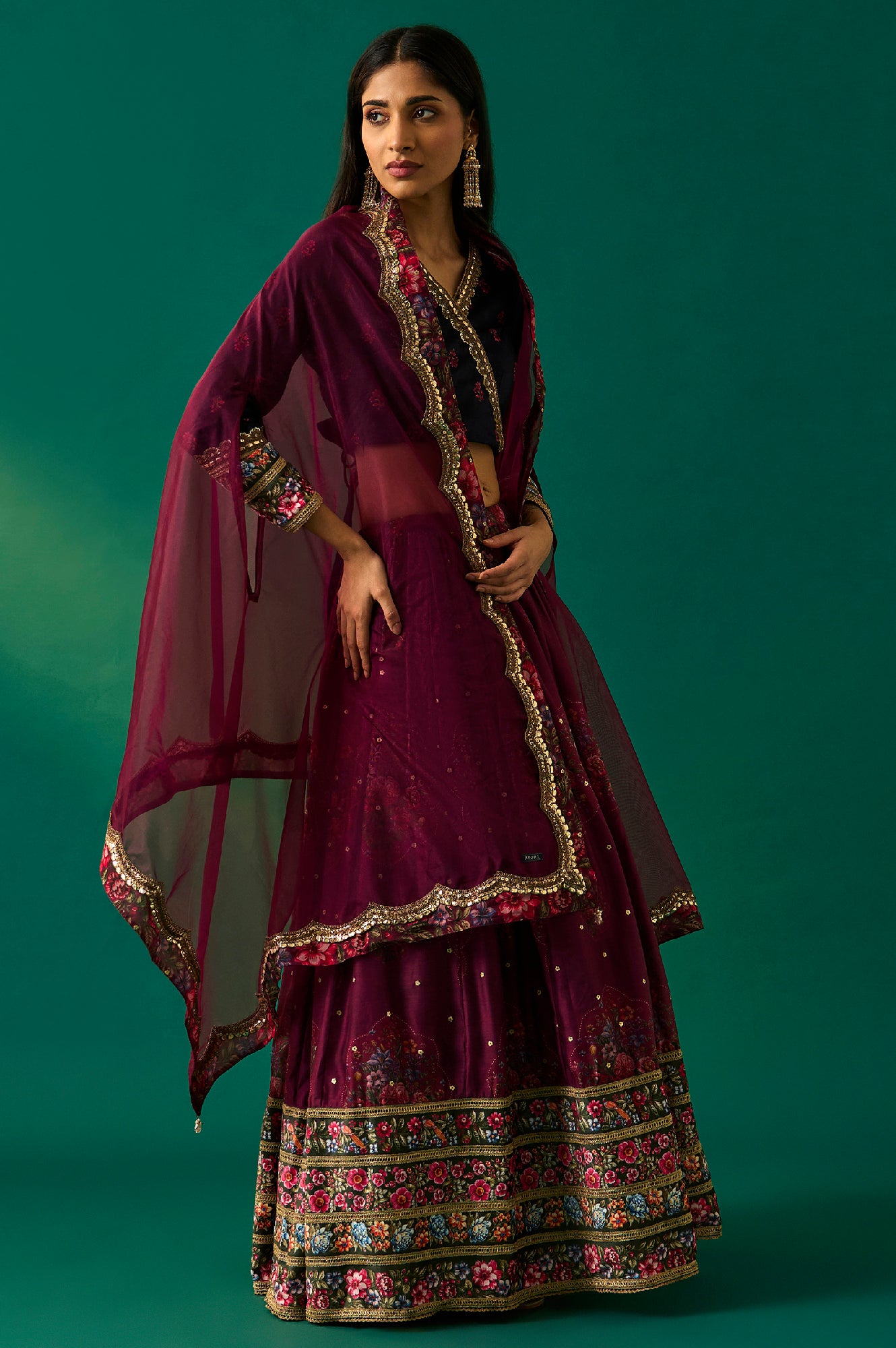 Purple Floral Embroidered Winter Velvet Blouse with Skirt and Dupatta Set