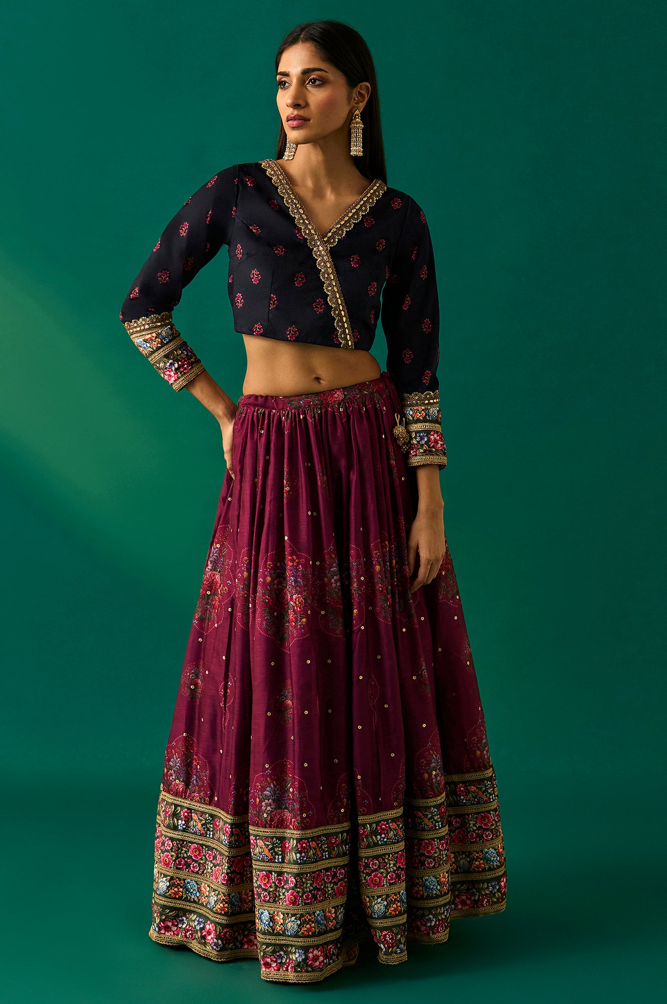 Purple Floral Embroidered Winter Velvet Blouse with Skirt and Dupatta Set