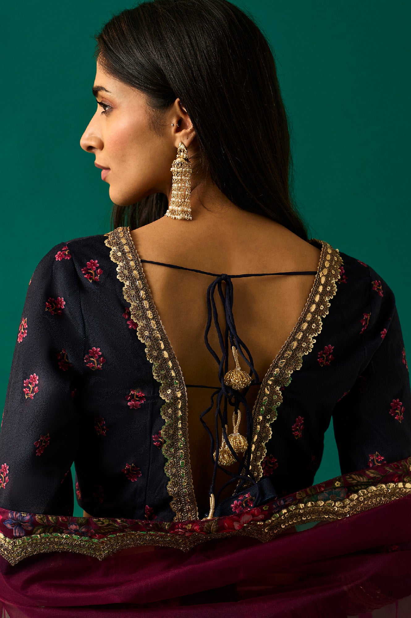 Purple Floral Embroidered Winter Velvet Blouse with Skirt and Dupatta Set