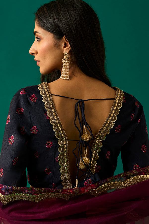 Purple Floral Embroidered Winter Velvet Blouse with Skirt and Dupatta Set