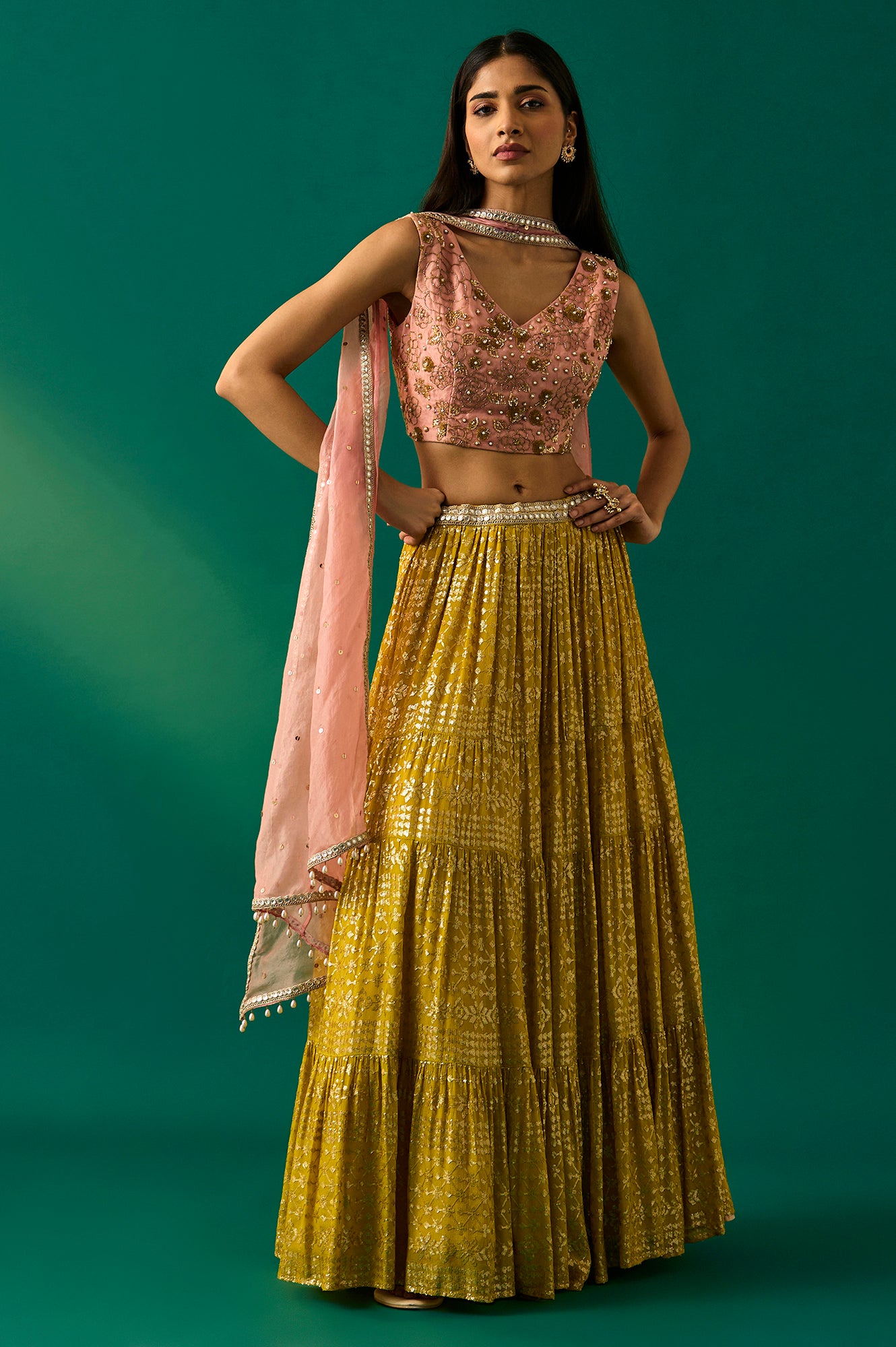 Pink Embroidered Straight Cut Blouse with Skirt and Dupatta Set