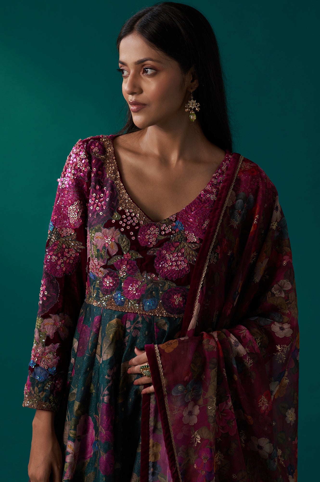 Green Floral Printed Sequined Yoke Festive Anarkali Dress with Churida Green Floral Printed Sequined Yoke Festive Anarkali Dress with Churida