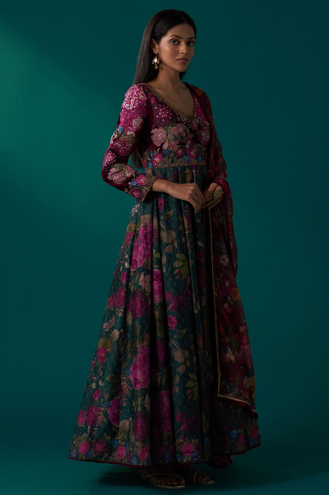 Green Floral Printed Sequined Yoke Festive Anarkali Dress with Churida Green Floral Printed Sequined Yoke Festive Anarkali Dress with Churida