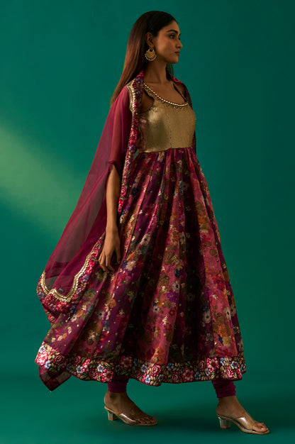 Maroon Floral Printed Embellished Anarkali Crepe Dress with Churidar and Cape Set