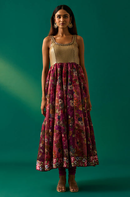 Maroon Floral Printed Embellished Anarkali Crepe Dress with Churidar and Cape Set