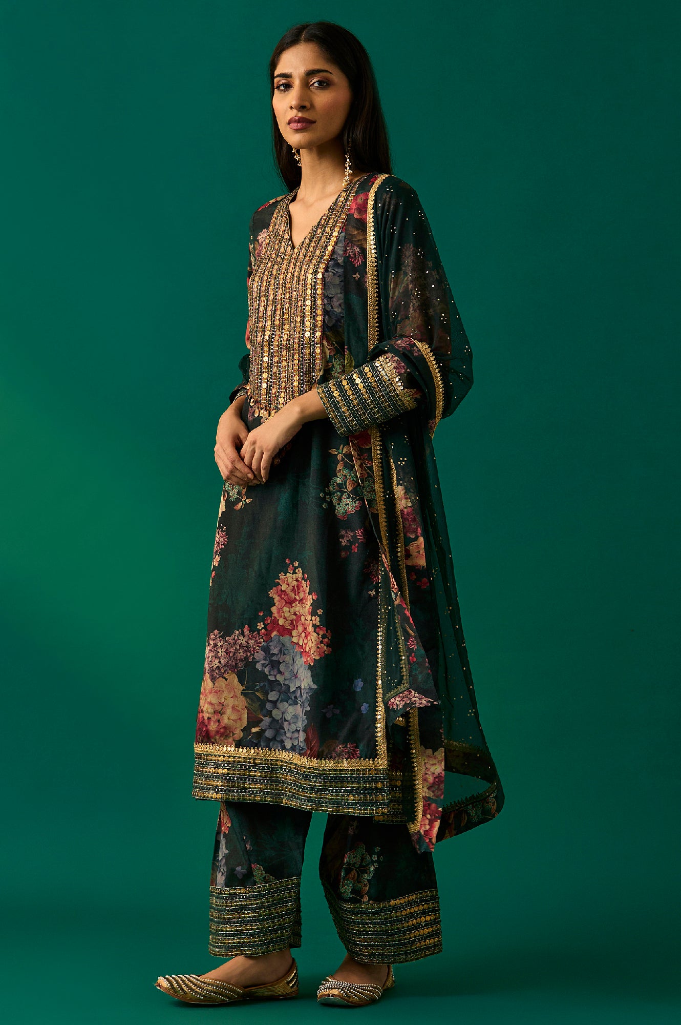 Green Floral Printed Embellished Straight Kurta with Salwar and Dupatta Set