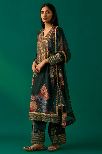 Green Floral Printed Embellished Straight Kurta with Salwar and Dupatta Set
