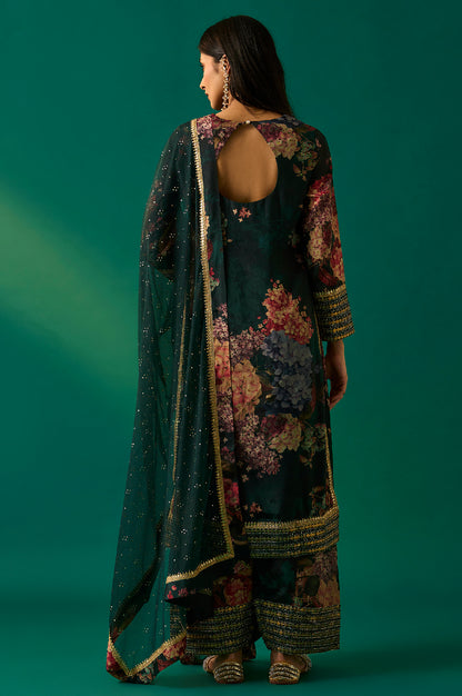 Green Floral Printed Embellished Straight Kurta with Salwar and Dupatta Set