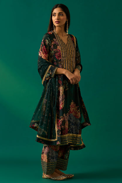 Green Floral Printed Embellished Straight Kurta with Salwar and Dupatta Set
