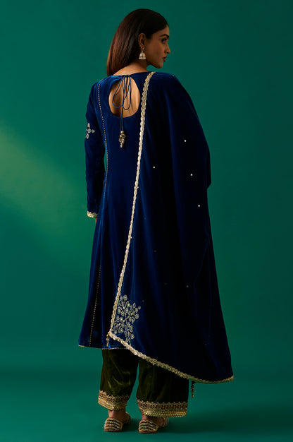 Blue Embroidered Anarkali Velvet Kurta with Salwar and Dupatta Set