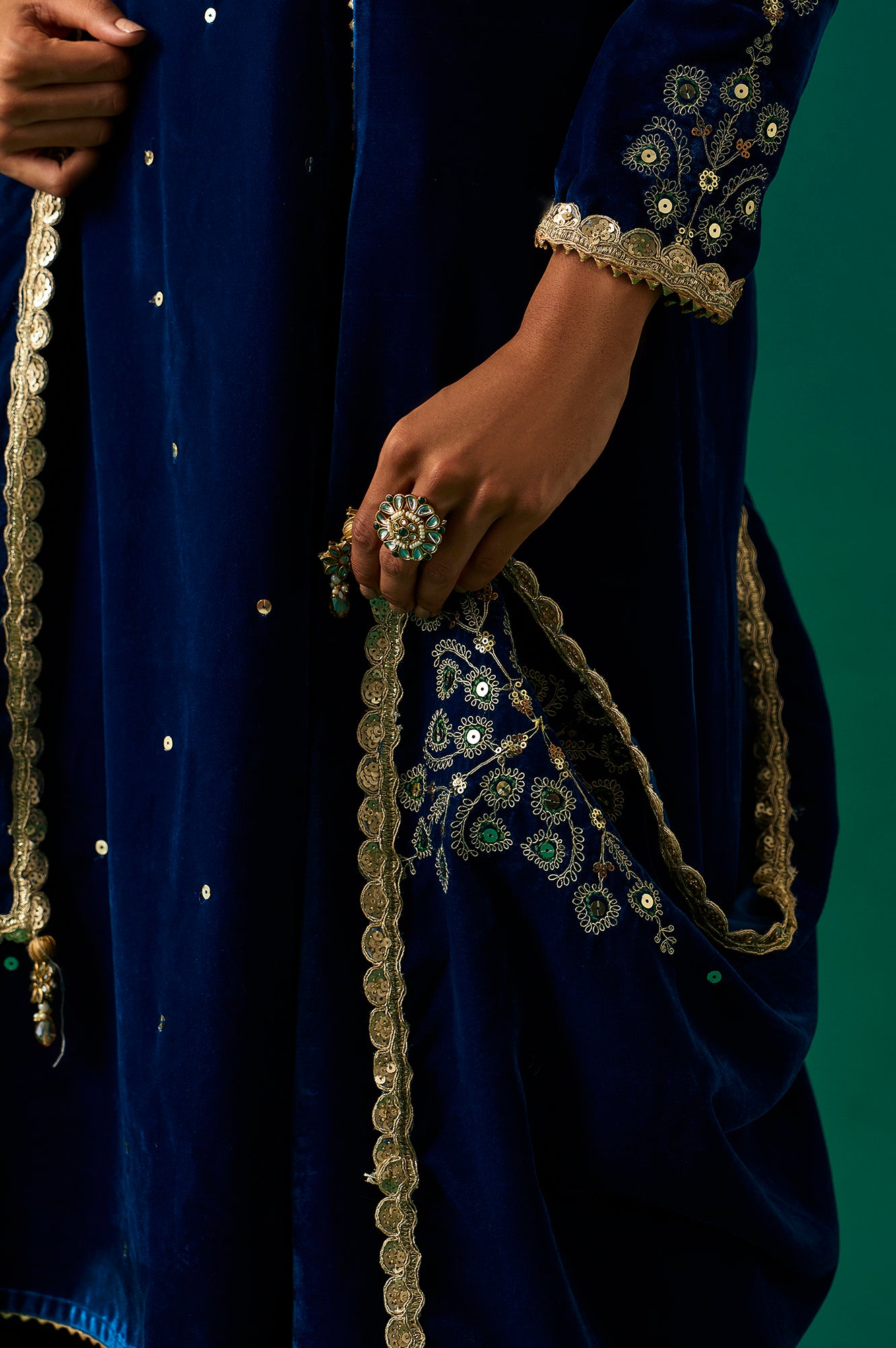 Blue Embroidered Anarkali Velvet Kurta with Salwar and Dupatta Set