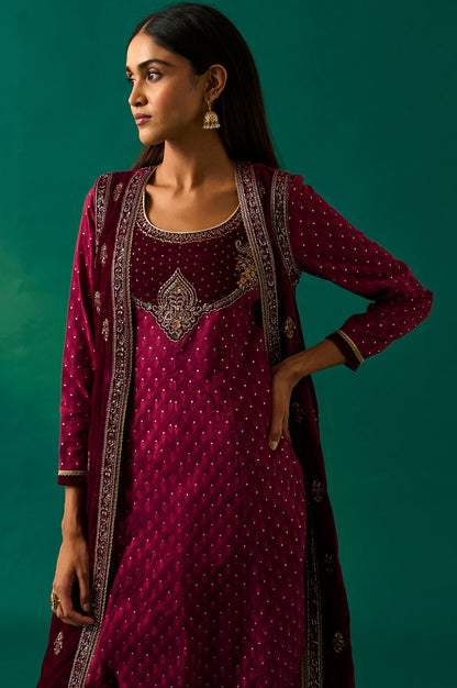 Maroon Embroidered Anarkali Georgette Gilet with Dress and Churidar Set