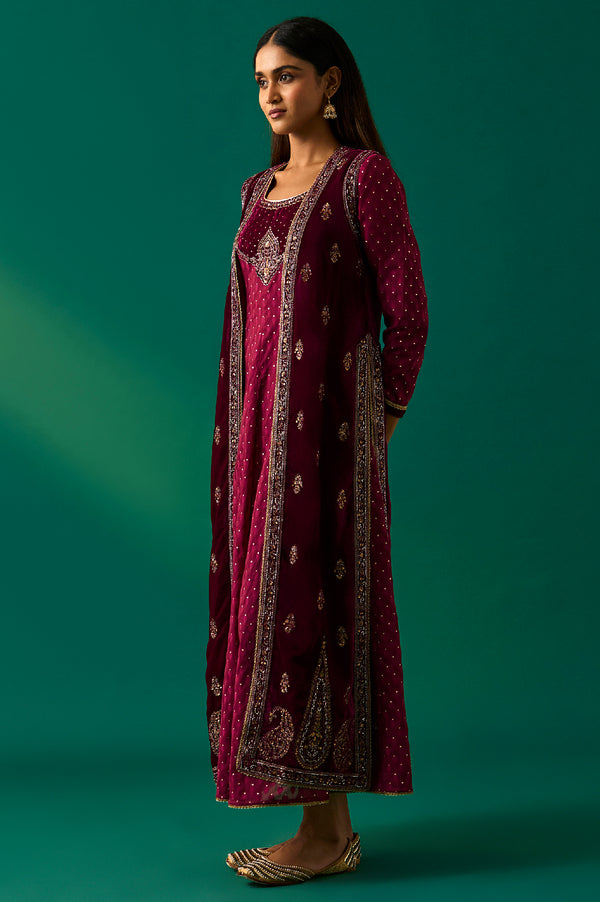 Maroon Embroidered Anarkali Georgette Gilet with Dress and Churidar Set
