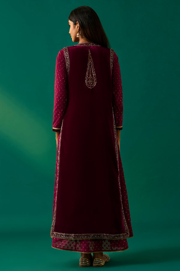 Maroon Embroidered Anarkali Georgette Gilet with Dress and Churidar Set