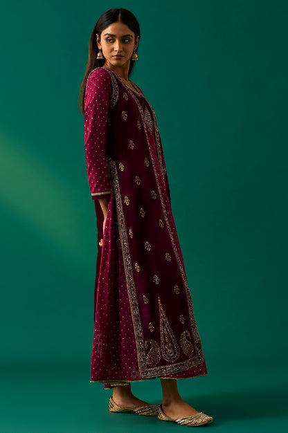 Maroon Embroidered Anarkali Georgette Gilet with Dress and Churidar Set
