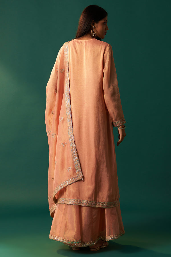 Pink Dori Embroidered Straight Tissue Organza Kurta with Culotte and Dupatta Set