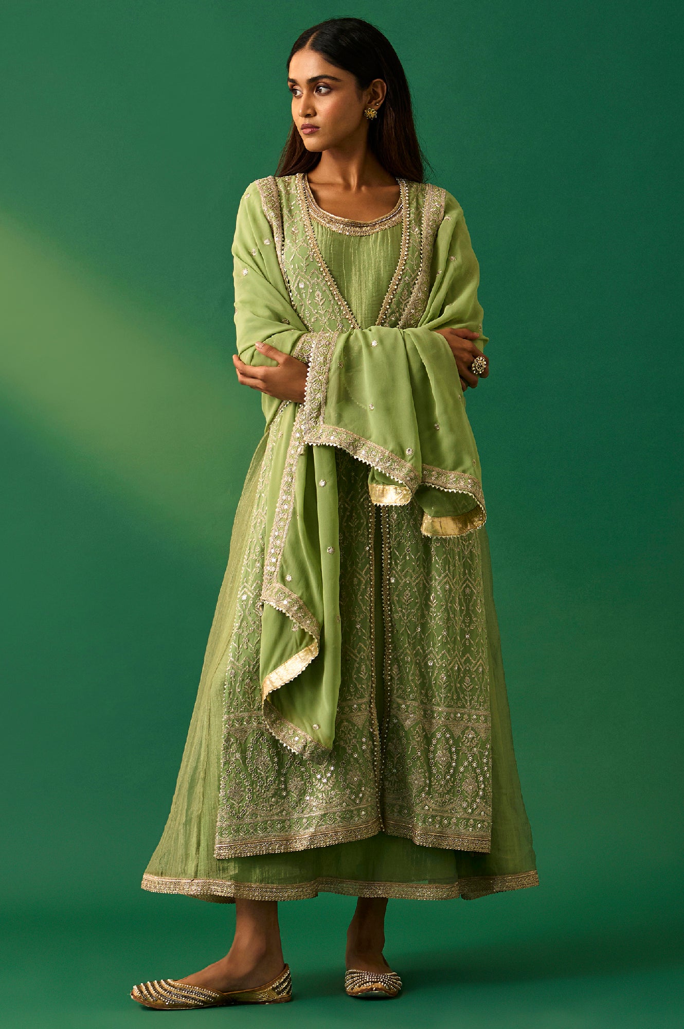 Green Embroidered Anarkali Dress with Churidar and Dupatta Set