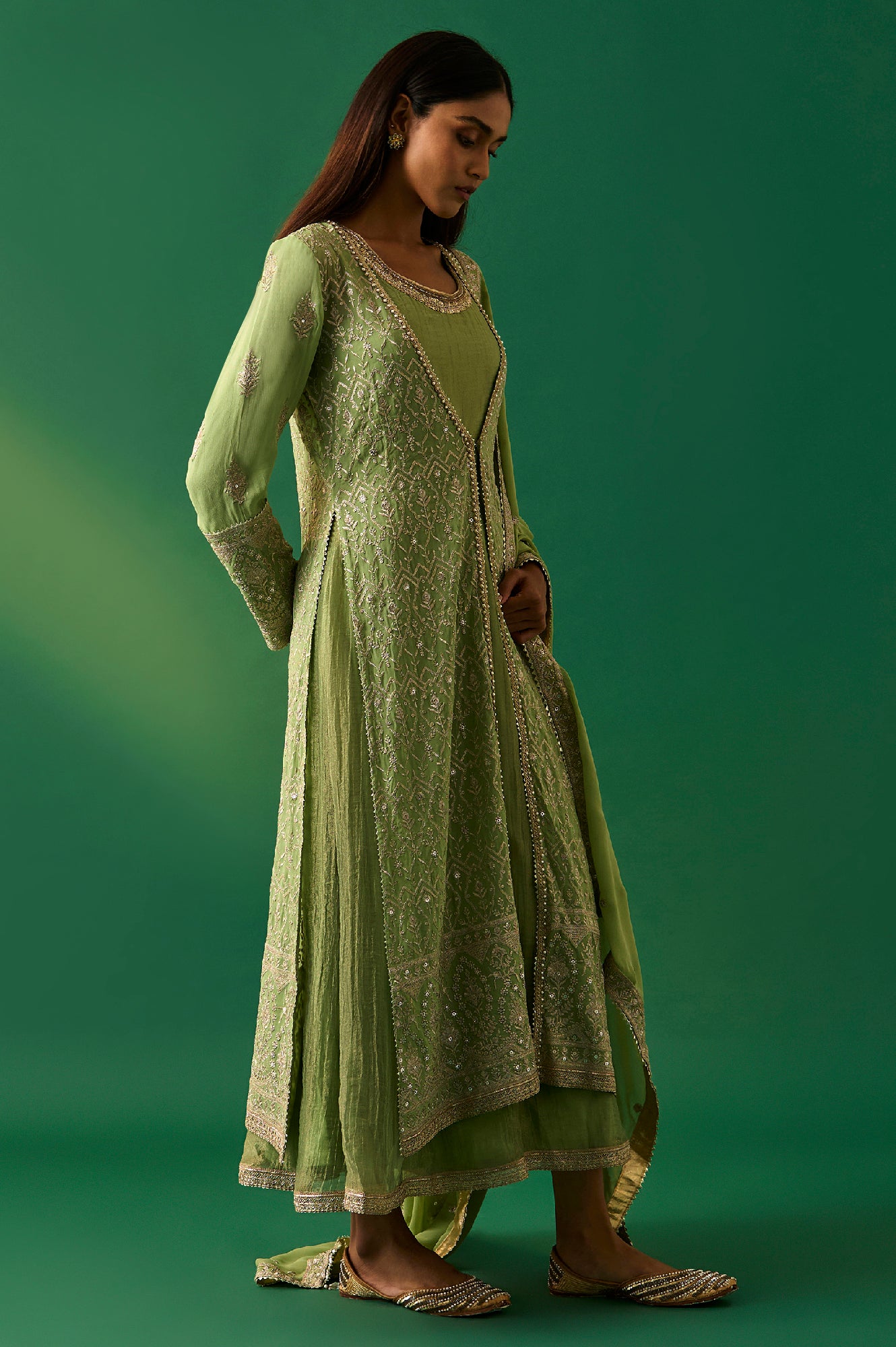 Green Embroidered Anarkali Dress with Churidar and Dupatta Set