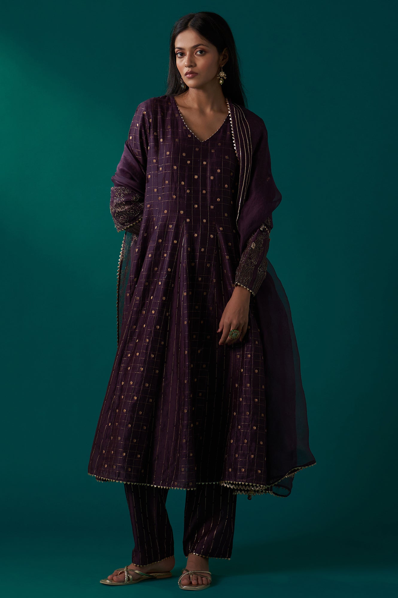 Purple Embellished Dotted Jacquard Flared Kurta with Pants and Dupatta Set