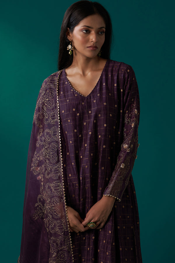 Purple Embellished Dotted Jacquard Flared Kurta with Pants and Dupatta Set