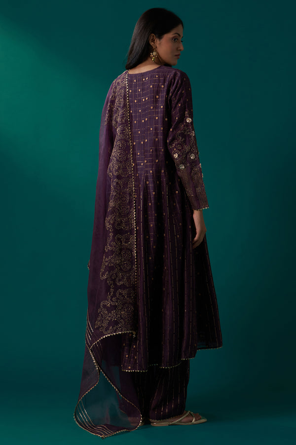 Purple Embellished Dotted Jacquard Flared Kurta with Pants and Dupatta Set