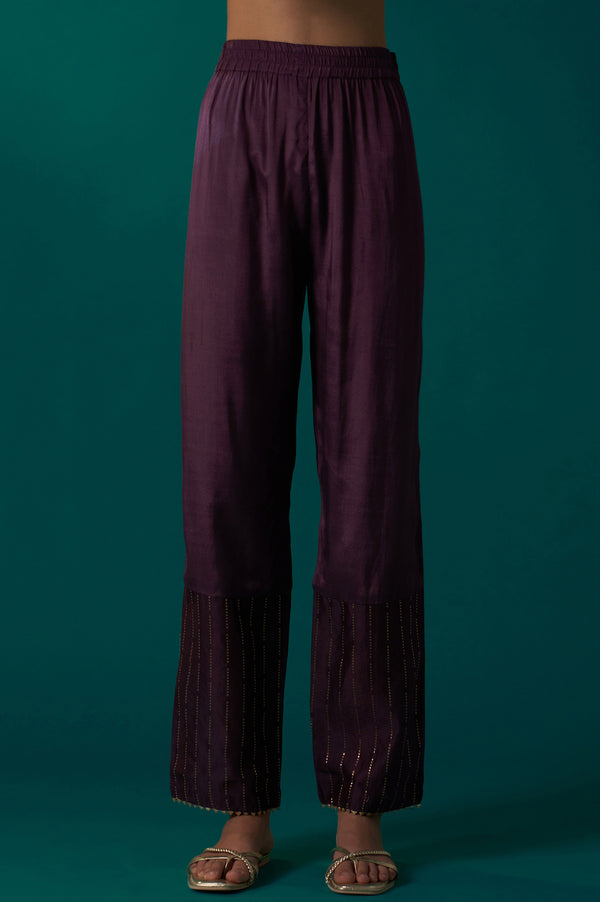 Purple Embellished Dotted Jacquard Flared Kurta with Pants and Dupatta Set