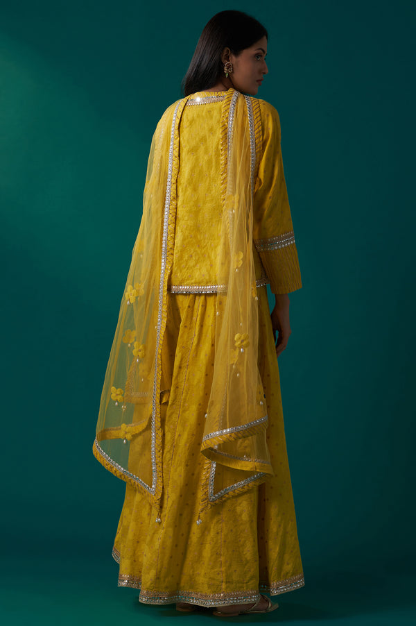 Yellow Embroidered Jacquard Straight Short Kurta with Culotte and Dupatta Set