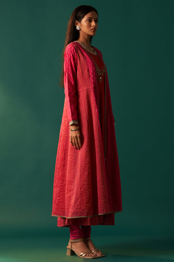 Orange Embroidered Flared Shantung Dress with Jacket Set