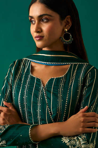 Green Striped Embroidered Angrakha Rayon Kurta with Trouser and Dupatta Set