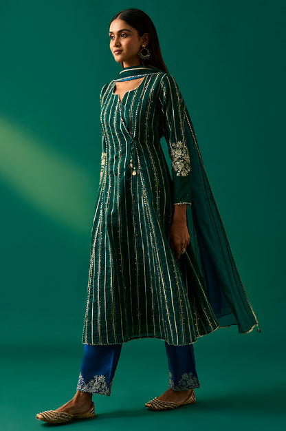 Green Striped Embroidered Angrakha Rayon Kurta with Trouser and Dupatta Set